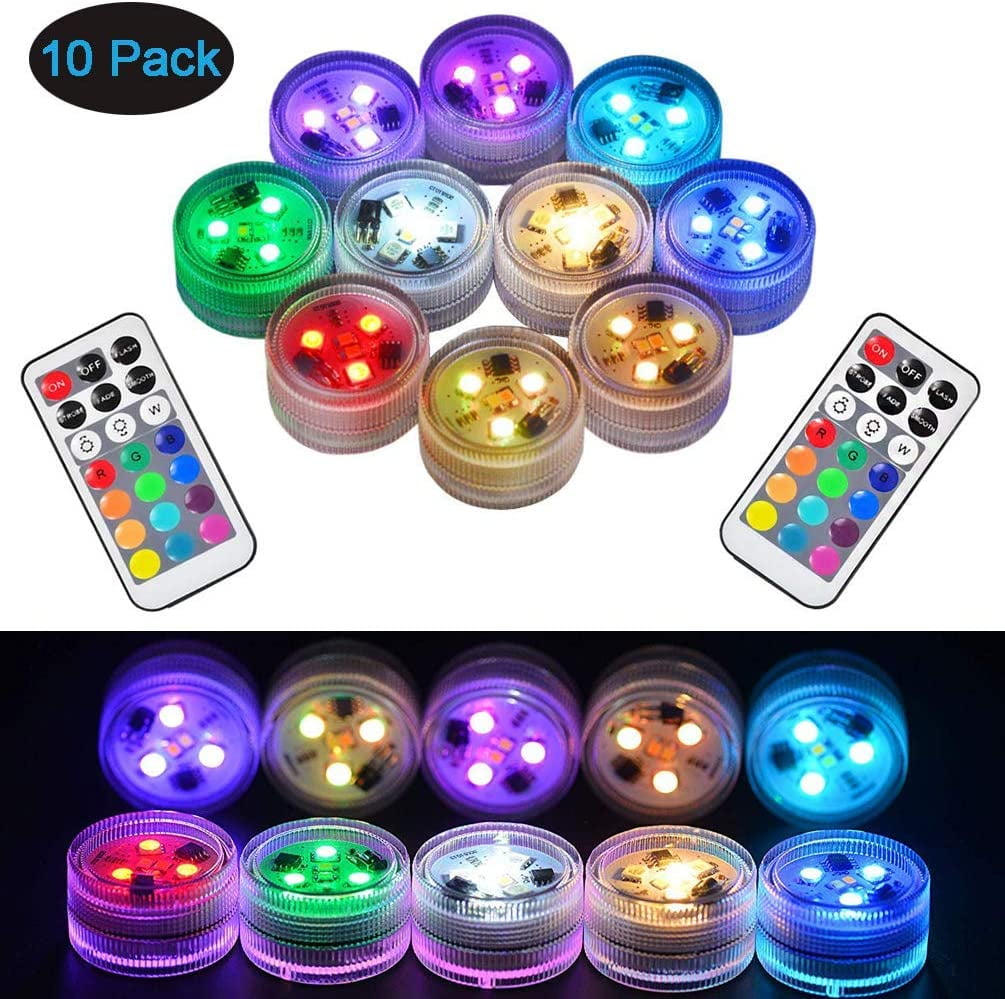 N /A 10 PCS Submersible LED Lights Color Changing Waterproof Vase Lights w/Remote Battery Operated Tea Lights 