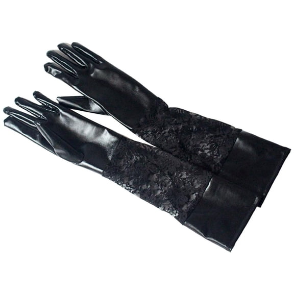 2Pcs Fashion Long Gloves Lace Patchwork Elbow Faux Leather Mesh Black Sleeves Women' Stage Costume Evening Party Banquet Wedding Gifts