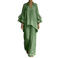 thumbnail image 2 of BRELIL Women Plus Size Two Piece Set V Neck Ruffle Sleeve Shirt Wide Leg Pants Casual Summer Loungewear Solid Boho Vacation Outfits Tracksuit Loose 2 Piece, Green XL, 2 of 5