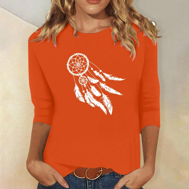 Heisall Women's Spring Autumn Tops 3/4 Sleeve Round Neck Casual Fashion Blouses Orange Festival Print Shirts