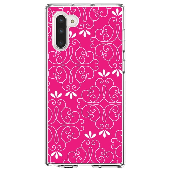 DistinctInk Clear Shockproof Hybrid Case for Samsung Galaxy Note 10 (6.3" Screen) - TPU Bumper, Acrylic Back, Tempered Glass Screen Protector - Neon Pink White Floral