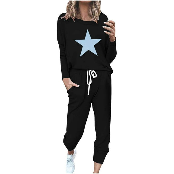 Busydd Two Piece Sets for Women Fall Trendy Star Print Crewneck Sweatshirts Jogger Pants Sweatsuits Women 2 Piece Outfit Casual Oversized Travel Vacation Outfits for Women