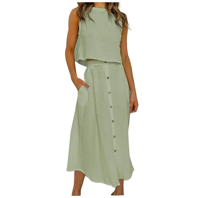 Lindbes Ensemble Jupe 2 Pcs pour Femmes Décontracté Col Rond Sans Manches avec Jupes Longues Taille Haute avec Poches