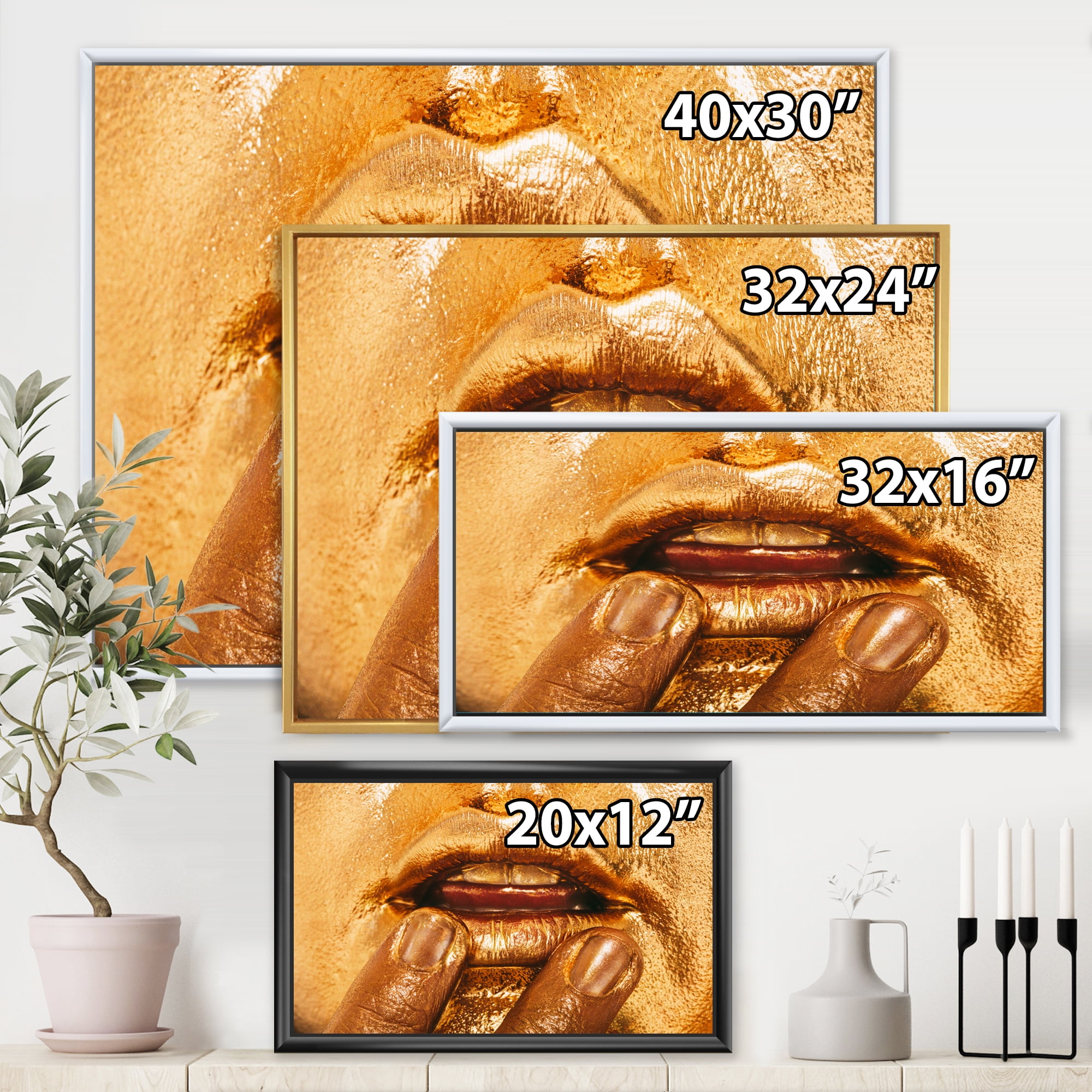Designart 'Close Up Of Female Lips With Bright Golden Makeup i' Modern Framed Canvas Wall Art Print