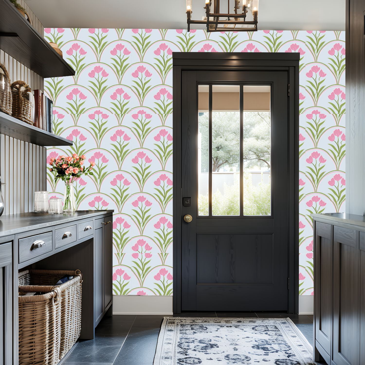Peel and Stick Wallpaper Pink Tulip Floral Green Leaves Arched Design Light Blue Wall Mural 17.7in x 9.8ft Self Adhesive Removable Wall Paper Renter Friendly Wallpaper for Nursery Bedroom Cabinets