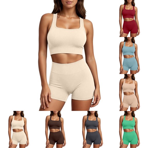 Women Workout Sets High Waisted Biker Yoga Shorts for Women Tummy Control Fitness Shorts & Cropped Vest Cami Tops Sets Yoga Workout Outfits for Women