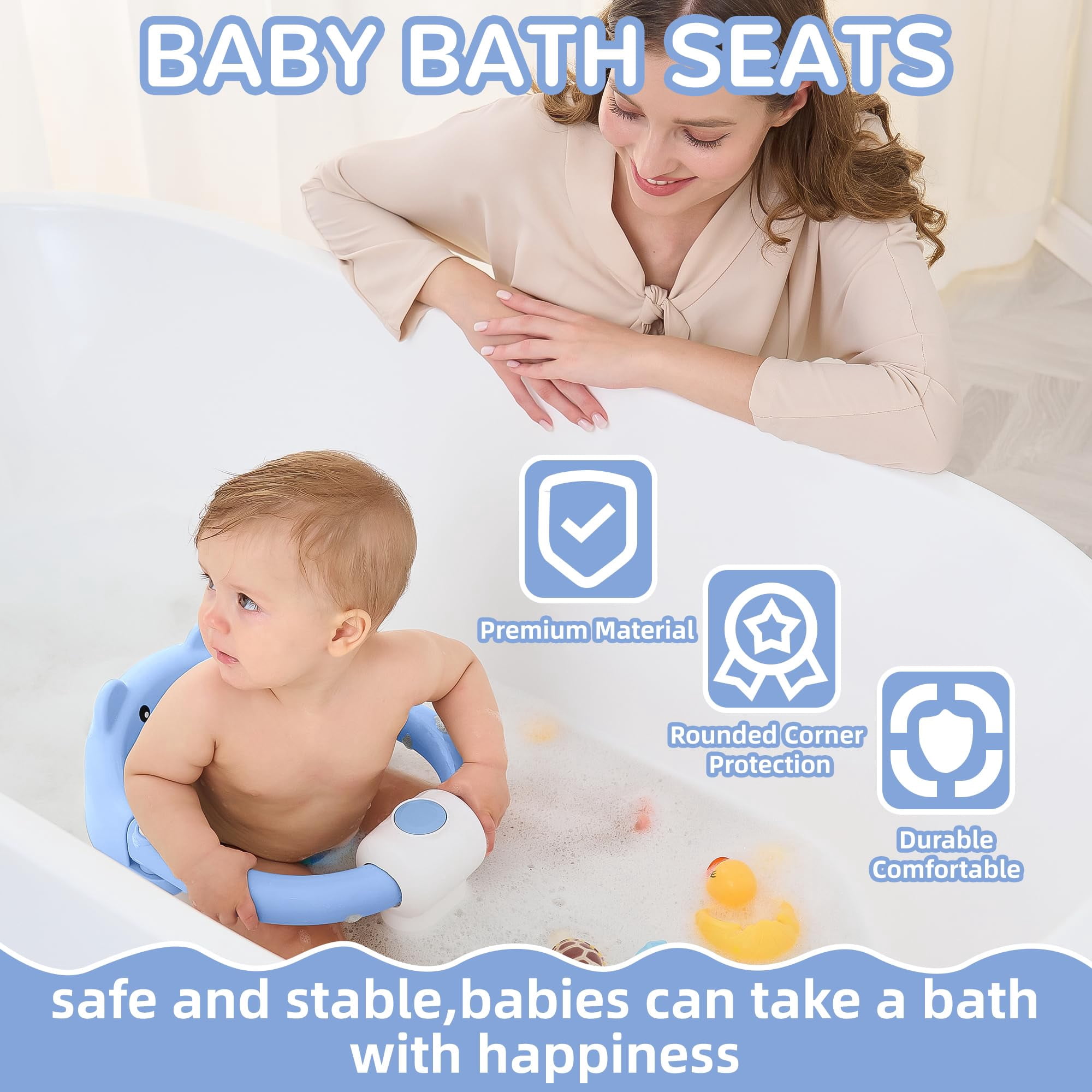 Soluxeo Baby Bath Seat for Babies 6 Months & up, Non-Slip Toddler Bath Seats for Babies Sitting Up with 4 Suction Cups & Soft Cushion for Shower(Blue)