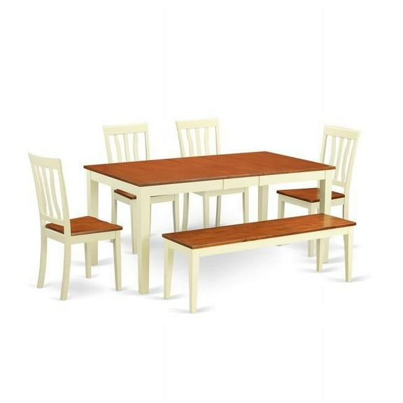 Table & Chair Set - Kitchen Table & 4 Chairs Together with a Bench, Buttermilk & Cherry - 6 Piece