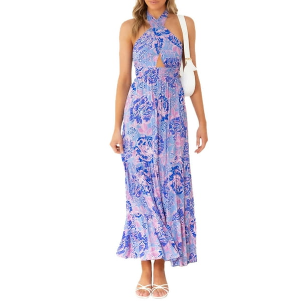 VISgogo Vestido de mujer con cuello halter, estampado de flores, sin mangas, sin espalda, dobladillo con volantes, vestido largo VISgogo moda