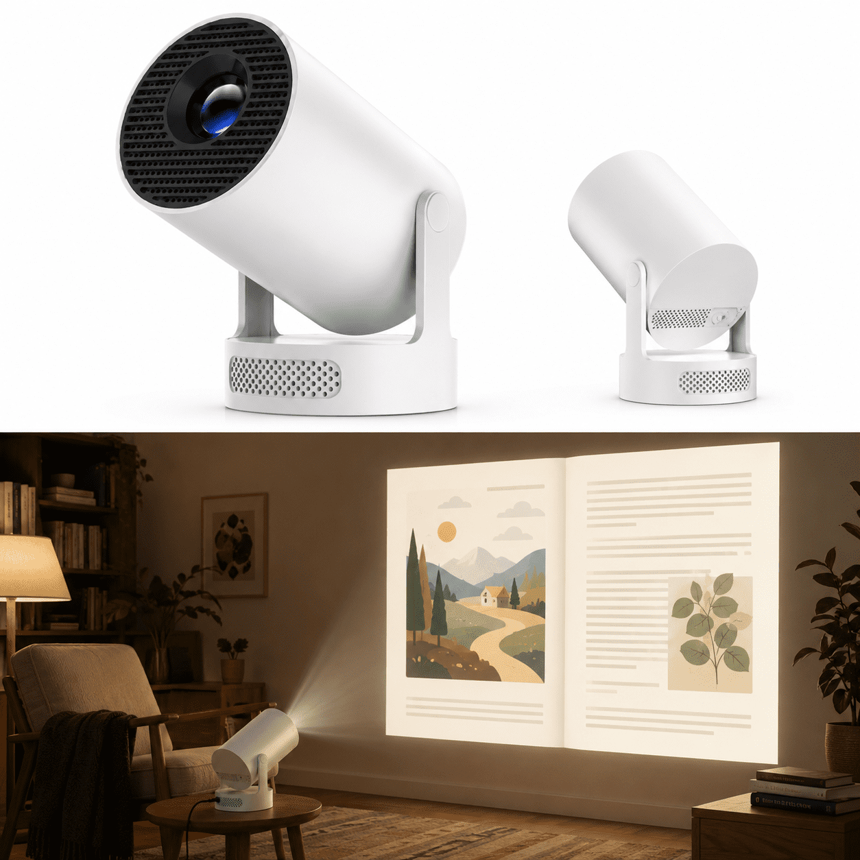 BookCast Projector, Book Cast Smart Projector with 180° Rotating Stand, Auto Keystone and Built-in Apps, 4K Support for Bedroom Reading, Movies and Home Entertainment