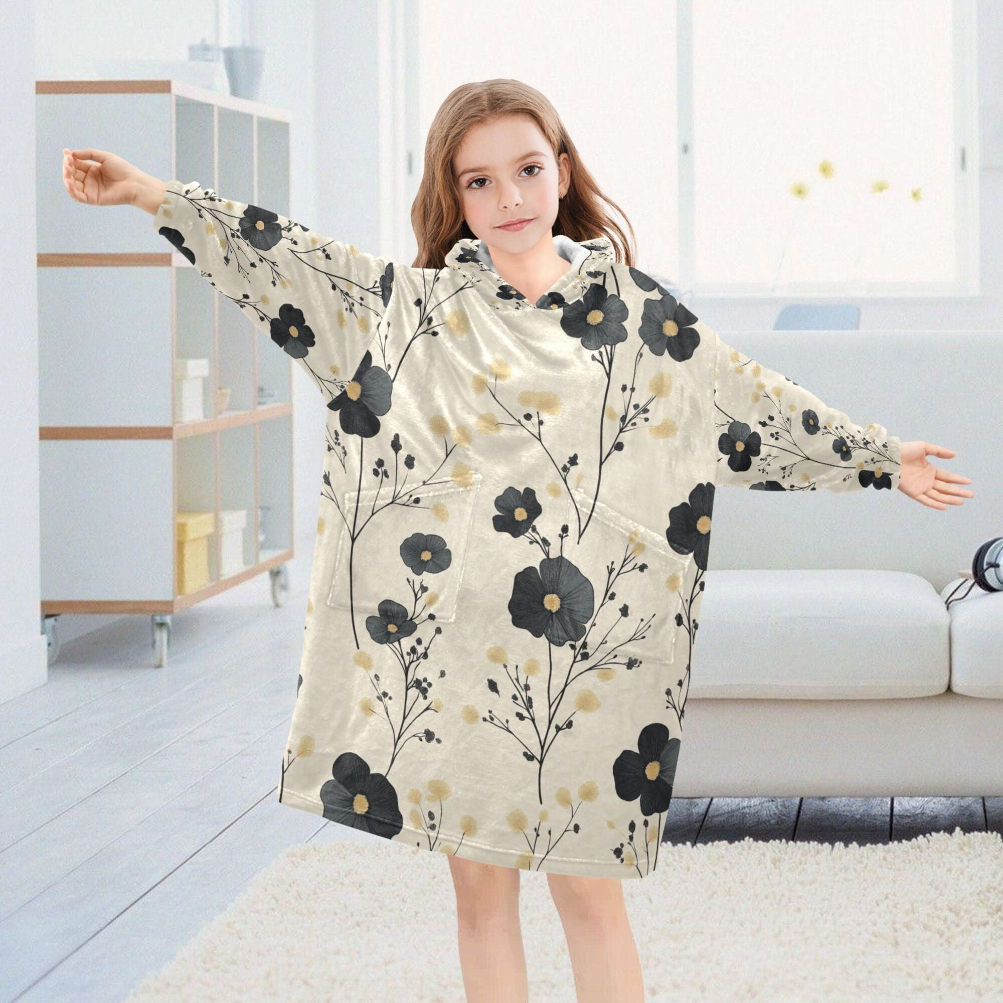 FORMRS Wearable Blanket Hoodie with Sleeves for Kids Cozy Flannel Sweatshirt, Small Black Flowers