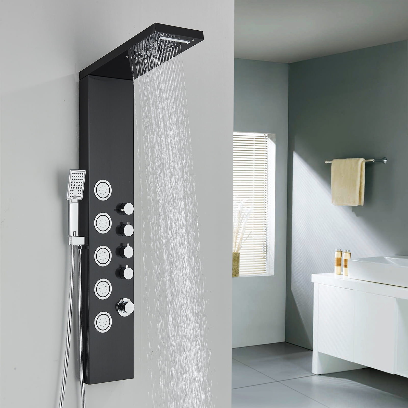 Shower Tower Panel System, 304 Stainless Steel Bathroom Shower Tower with Rainfall Waterfall