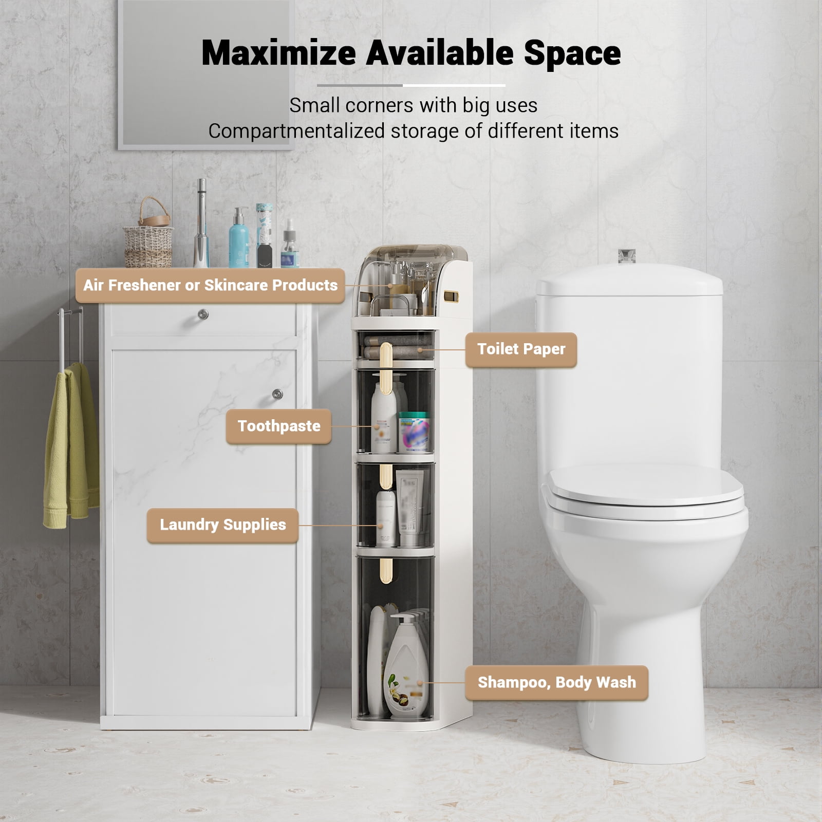 Slim Bathroom Storage Cabinet with Drawers & Tissue Box, Plastic Narrow Rolling Bathroom Tower Cart Waterproof & No Installation for Small Spaces Kitchen Laundry Living Room