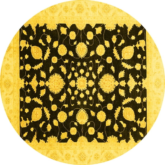 Ahgly Company Machine Washable Indoor Round Oriental Yellow Traditional Area Rugs, 4' Round