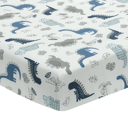 Lambs & Ivy Baby Dino 100% Cotton Blue/White/Gray Dinosaur Fitted Crib