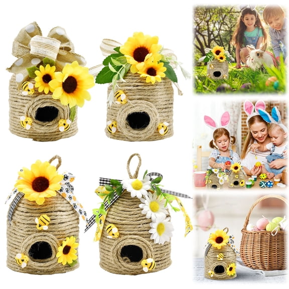 Xingjin Honey Bee Decor, Country Decorative Beehive With Sunflower And Plaid Bow, Farmhouse Kitchen Decor For Spring Summer Table Tiered Tray