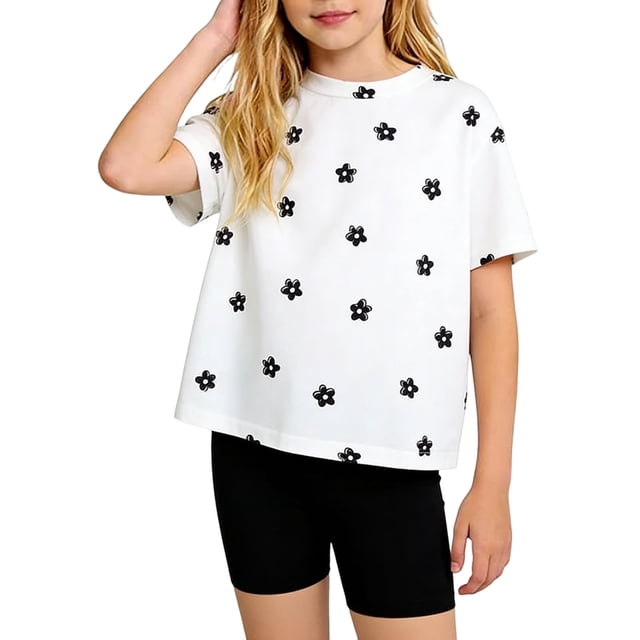 Ensemble d'Été pour Filles, Haut à Manches Courtes à Imprimé Floral + Short Uni, Tenue 2 Pcs Style Décontracté et Doux