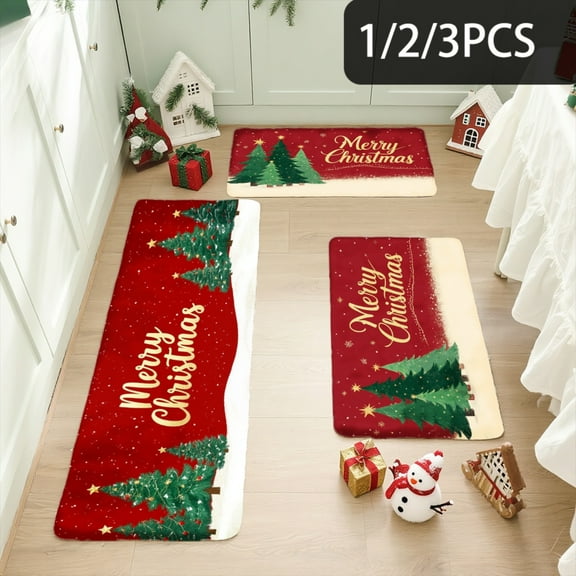 3PCS Kitchen Mat set, Welcome Door Flannel Rug,Home Decor for Front Door,Kitchen, Bathroom, Merry Christmas Trees Snowflakes Stars Red Background ,Great Thanksgiving