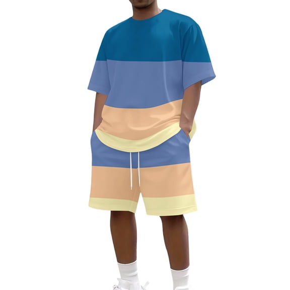 BRANROY Men's Summer Outfits 2 Piece - Print Striped Short Set, Tracksuit for Men with Casual Tee and Shorts,Blue,L