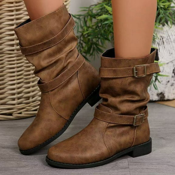 RUIYANQI Women's Slouchy Mid Calf Boots Buckle Strap Design Round Toe Footwear Low Heel Shoes Trendy Fashion Fall Winter Riding Boots Brown Women Sandals