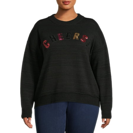 Terra & Sky Women's Plus Size Sequin Graphic Sweater, Midweight
