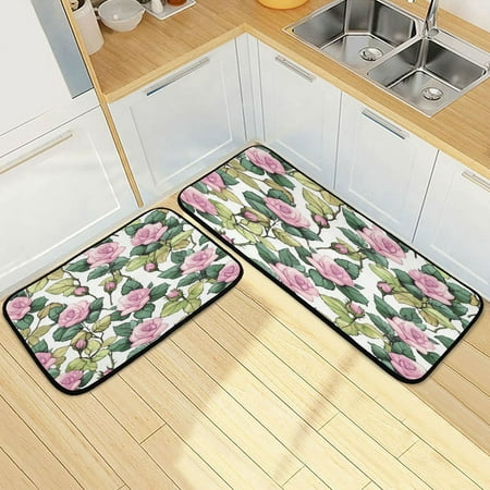 

Wobogo Pink Roses Kitchen Carpet Set of 2 Absorbent and Stain Resistant Non-slip Star Rubber Backing