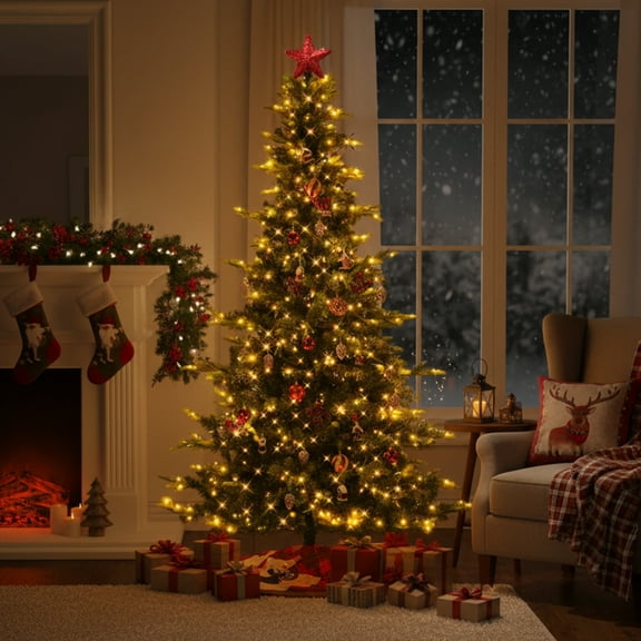 Zimtown 7.5Ft Christmas Tree Artificial Tree with Bows,Ball Ornaments,400 Lights,8 Modes 1000 Branches,Red