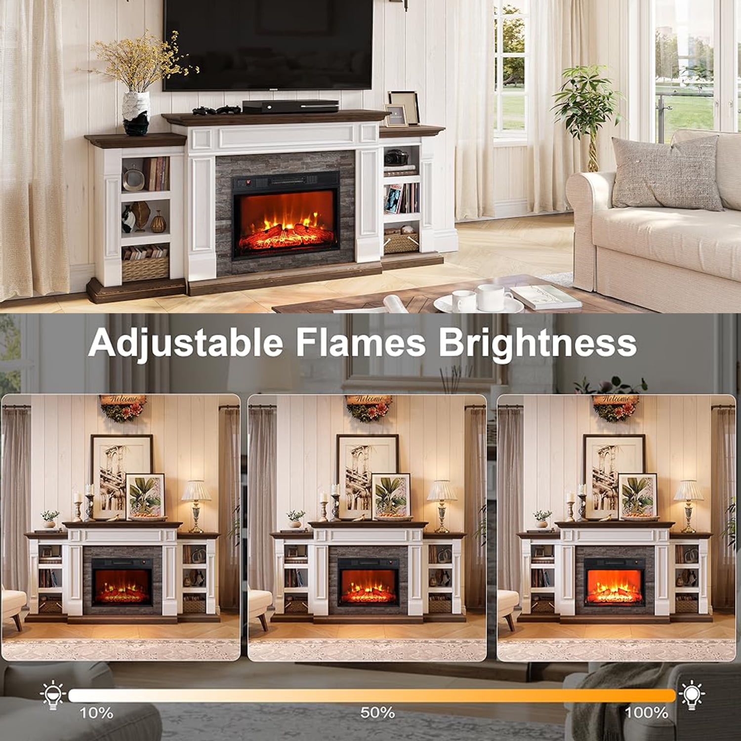 Electric Fireplace with 70" Mantel, Stacked Stone Surround with 23" Fireplace Insert, Adjustable Flame, Remote Control, White