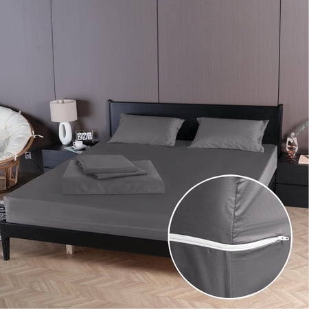 4 Piece Zipper Sheet Set Includes (1 Zipper Fitted Sheet, 1 Flat Sheet And 2 Zipper PillowCase) with 10 Inch Deep Pocket 800 TC 100% Egyptian Cotton Solid Dark Grey Color Twin XL Size