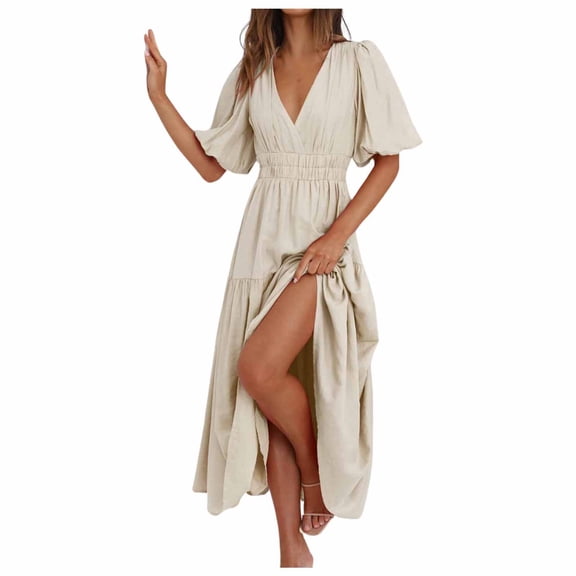 Women's V Neck Short Sleeve Swing Maxi Dress Flowy Tiered Beach Casual Summer Dress