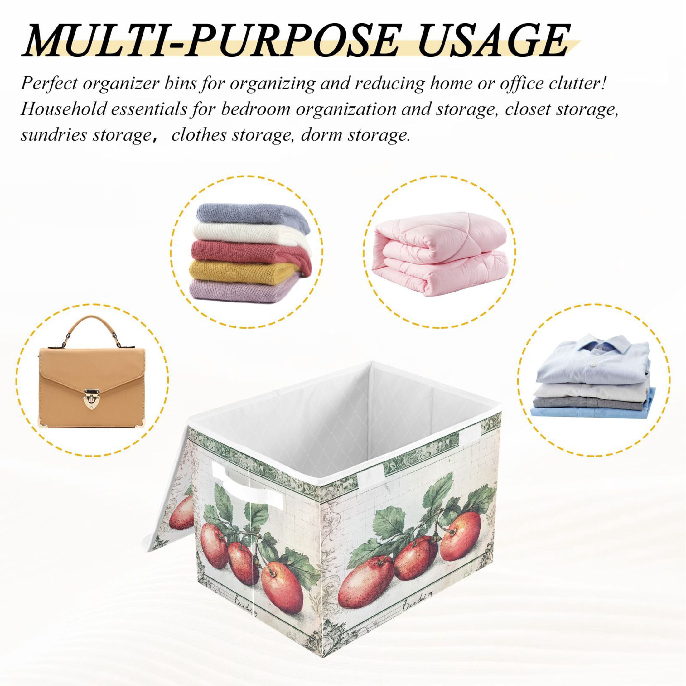 WOBOGO Red Fruit Picture Large Collapsible Storage Box Flip Lid Fabric Decorative Organizer Container Basket with Handles 16.5×12.6×11.8in
