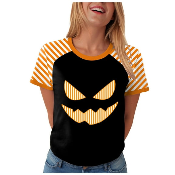 Halloween T Shirt Women Funny Pumpkin Face Printed Cute Tee Short Sleeve Casual Funny Halloween Party Tops
