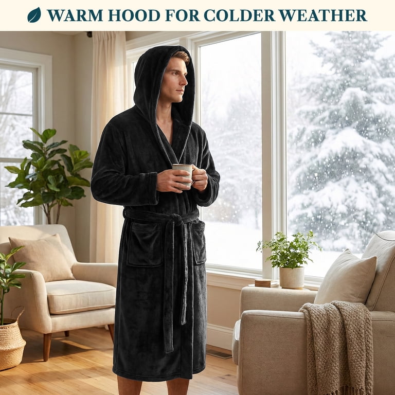 Pavilia Men's Hooded Lightweight Fleece Bathrobe, Black photo 5