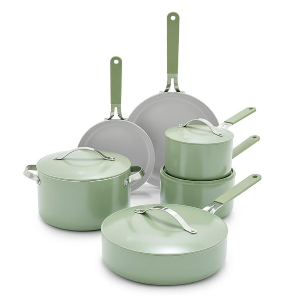 GreenLife Dream Juego de utensilios de cocina antiadherentes de cerámica de 10 piezas, sin PFOA, sin PFAS, ollas y sartenes con tapas, apto para lavavajillas y horno, asas que se mantienen frescas, el