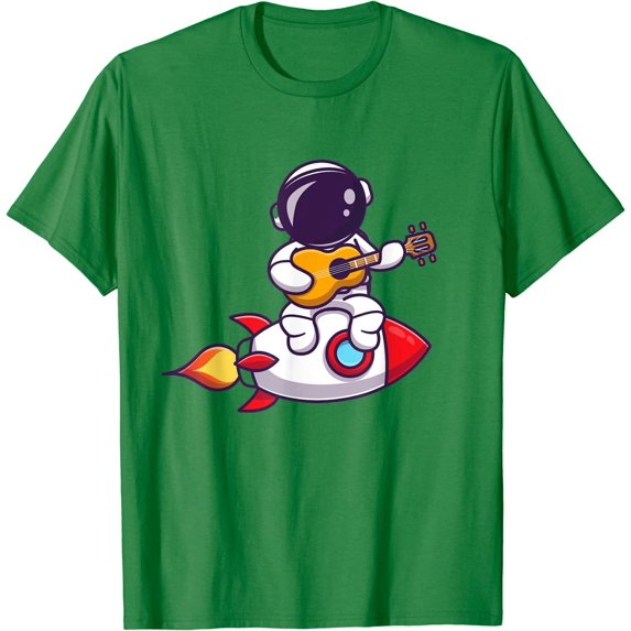 Cute Astronaut Cosmonaut Spaceman Playing Guitar on Rocket T-Shirt
