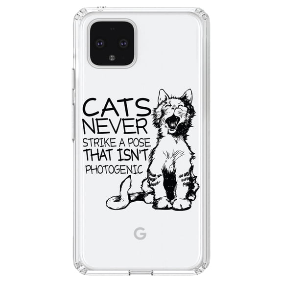DistinctInk Clear Shockproof Hybrid Case for Google Pixel 4 (6.1" Screen) - TPU Bumper Acrylic Back Tempered Glass Screen Protector - Cats Never Strike a Pose not Photogenic
