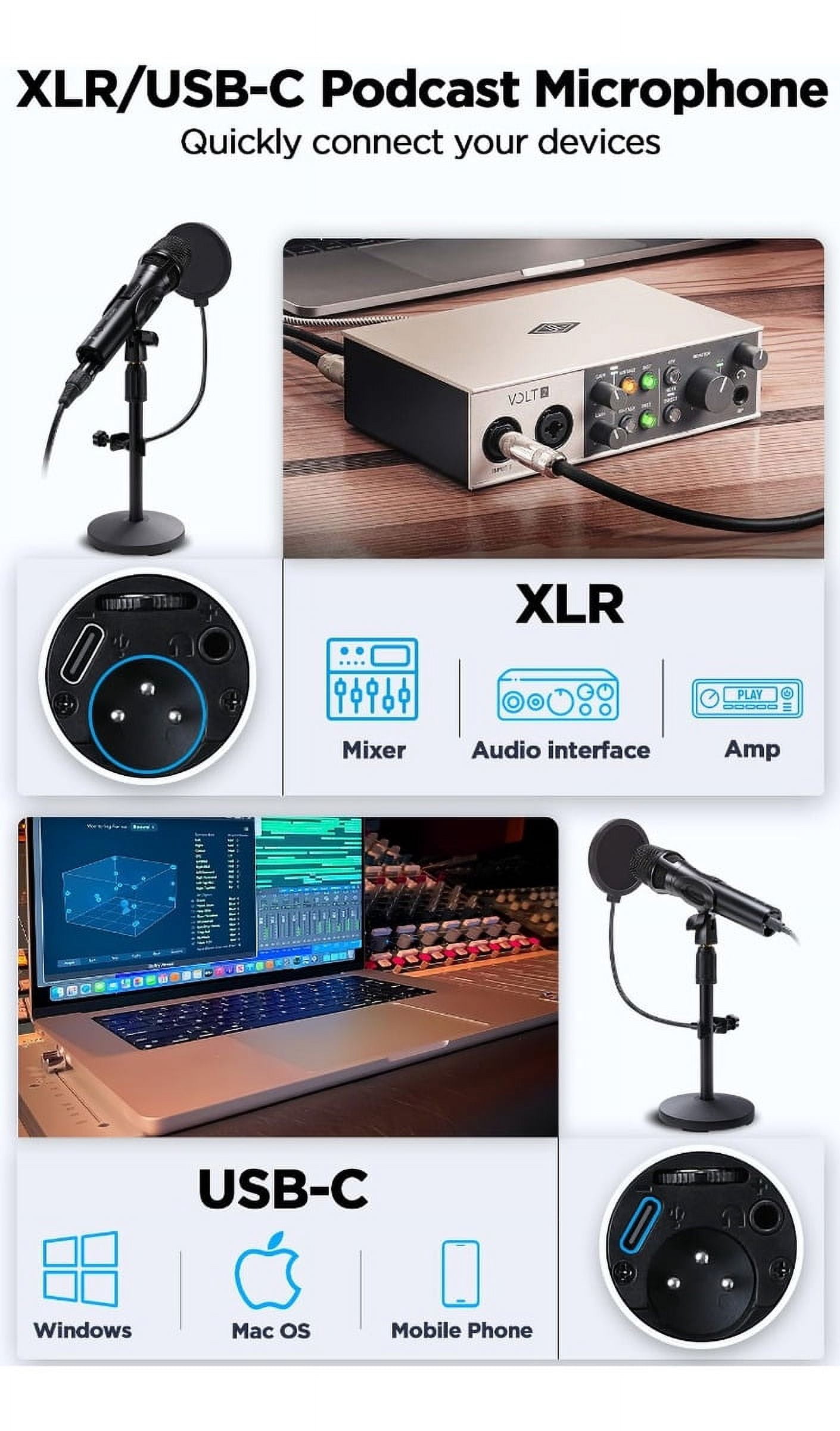 Dynamic Microphone XLR/USB-C for Recording/Singing, Hypercardioid?Noise Rejection, Mic Gain, with Desktop Stand, Pop Filter, Headphone Jack, for Mac, PC, Audio Interface for Podcast, Studio, Singing