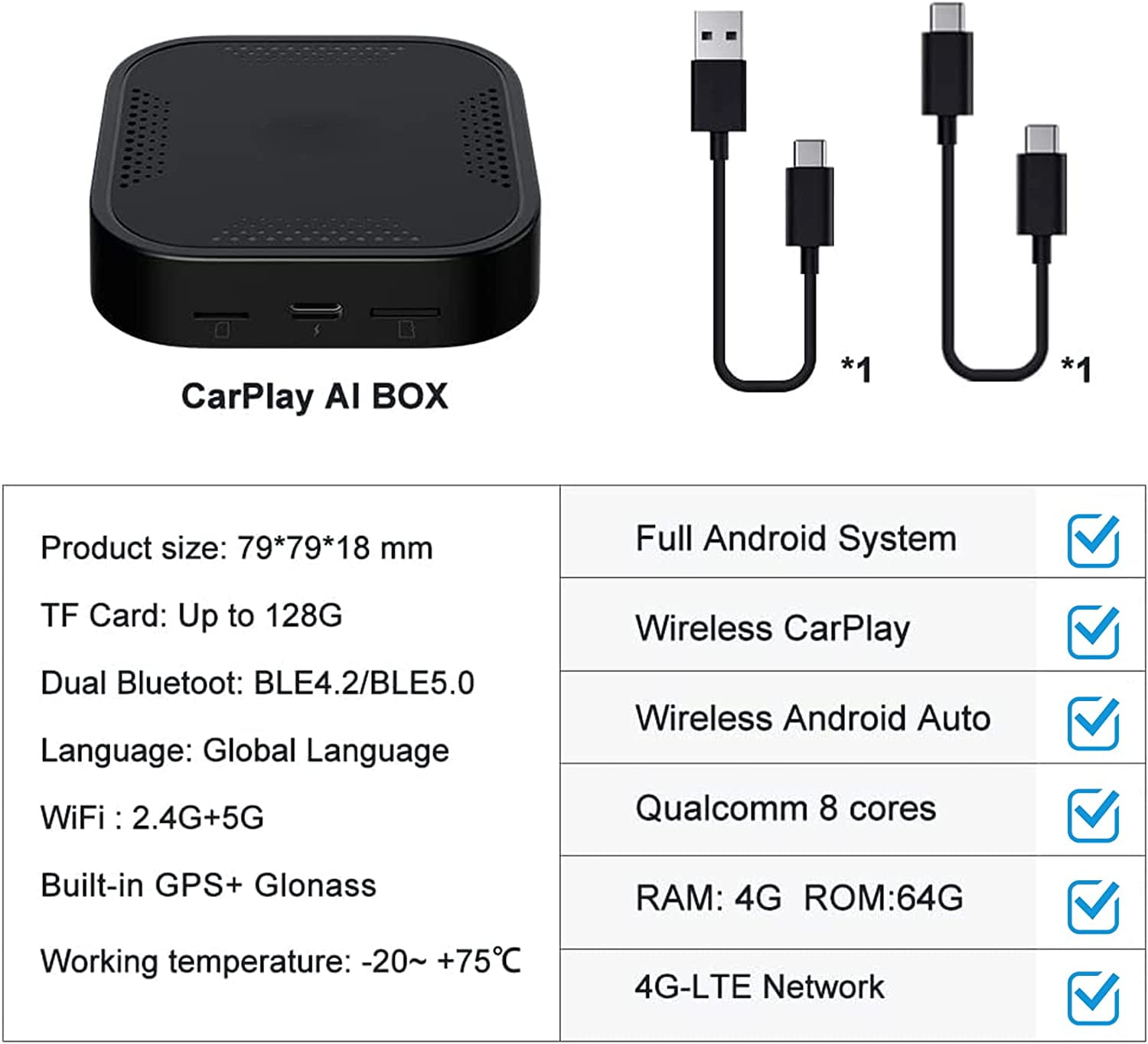 Multimedia Video Box, Android 9, 4G+64G, Carplay AI Box Support YouTube