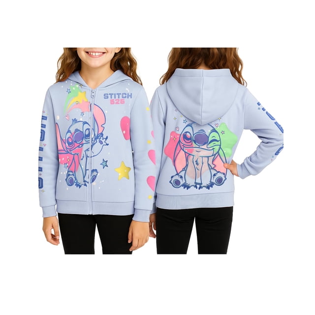Sudadera con capucha Disney Lilo and Stitch con cremallera para niñas, azul claro