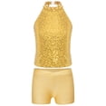 thumbnail image 3 of YONGHS Kids Girls Sequins Dance Outfits Sleeveless Halter Crop Tops with Gym Dance Shorts Set Yellow 8, 3 of 7