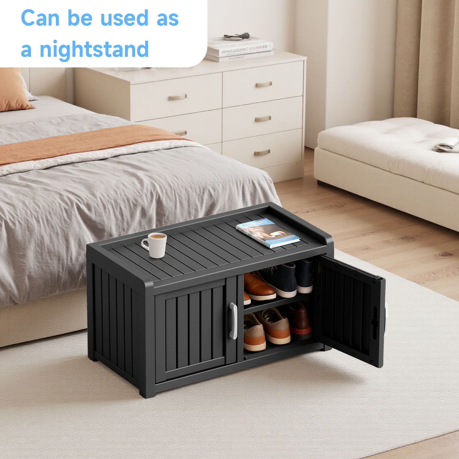 MAYEERTY Two-Door Mini Entry Shoe Storage Cabinet, Weatherproof Shoe Organizer with Removable Layers