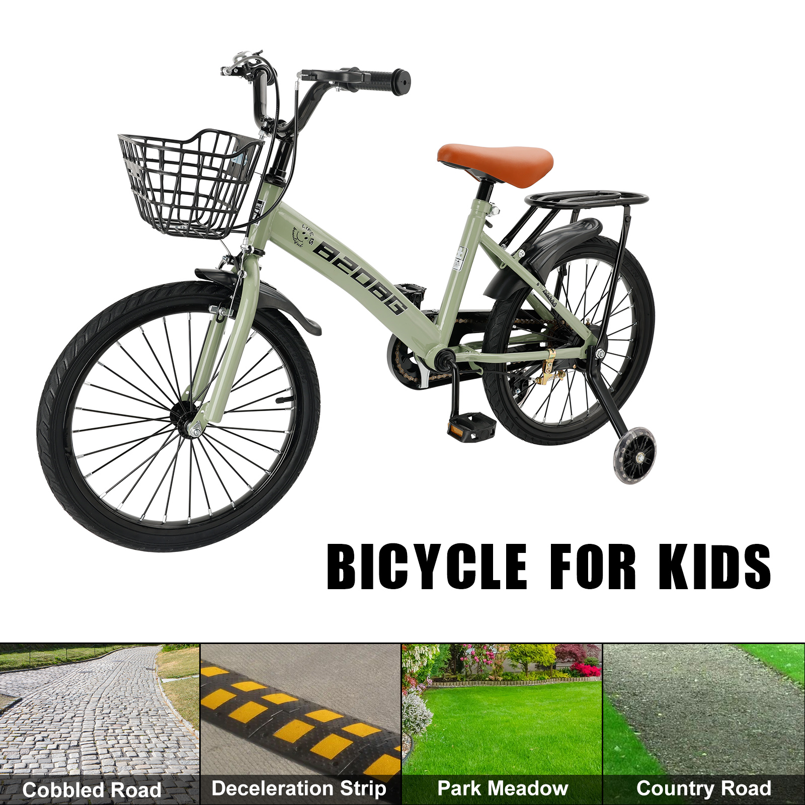 ARTUDATECH Kids Bike, 18 Inch Children Bikes for Boys Girls Age 6-10 Years old with Lighting Training Wheels, Basket, Dual Brake, Kids Bicycle Green