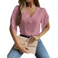 thumbnail image 1 of Tops de manga corta con volantes para mujer Camisa de manga corta con cuello en V profundo de encaje informal a la moda para ir de compras en el trabajo diario Rosa S, 1 of 8