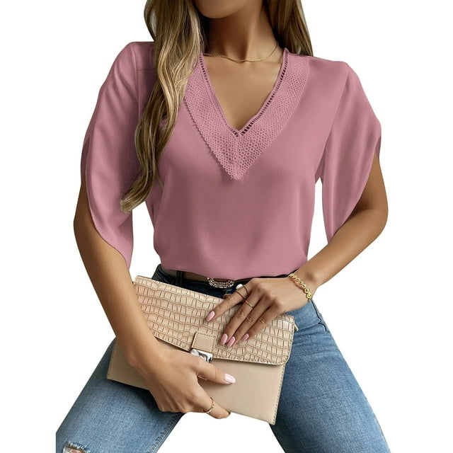 Tops de manga corta con volantes para mujer Camisa de manga corta con cuello en V profundo de encaje informal a la moda para ir de compras en el trabajo diario Rosa S
