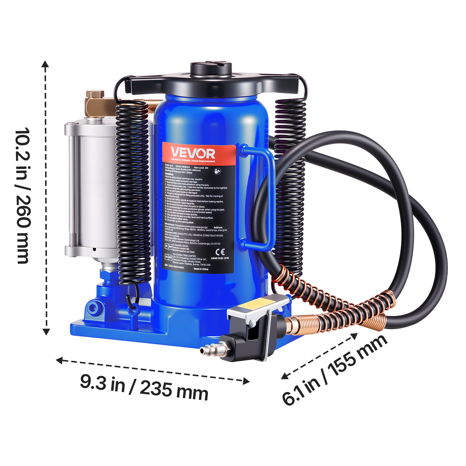 VEVOR Air Hydraulic Bottle Jack, 20 Ton (44092 lbs) Capacity, 10.2-19.5 Inch Lifting Range, Pneumatic/Manual Heavy Duty Welded Bottle Jack with Pump
