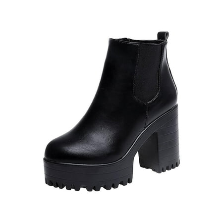 

Chunky Block Chelsea Booties Trendy Winter High Block Heel Platform Ankle Boots Side Zipper Slip on Lug Sole Boots