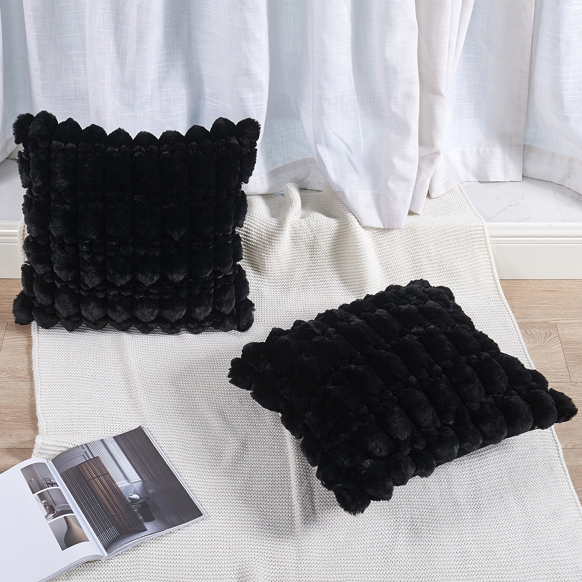 Home Soft Things Textured Spandex Bubble Faux Fur Pillow Covers, Set of 2, 20"x20", Black