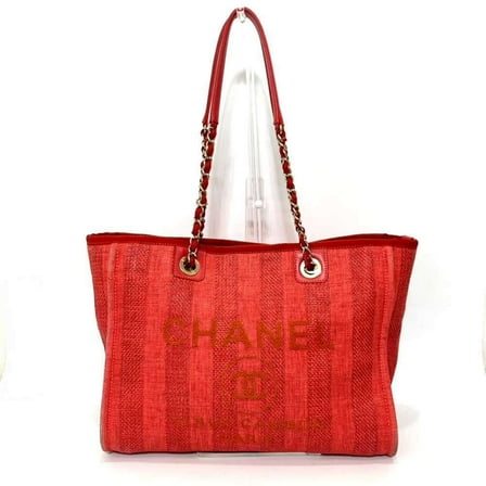 Pre-Owned CHANEL Deauville Line Medium Tote Bag Red Mixed Fiber x Calf Leather (Good)