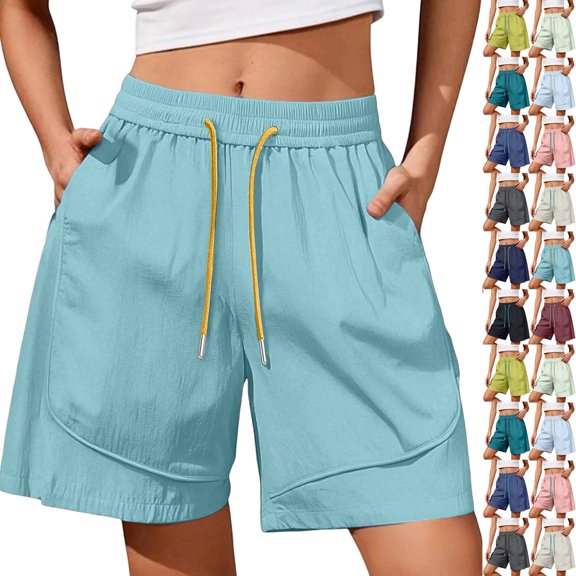 Womens Quick Dry Shorts High Waist Stretchy Straight Leg Bermuda Shorts with Pockets Casual Summer Athletic Lounge Pants Sky Blue M