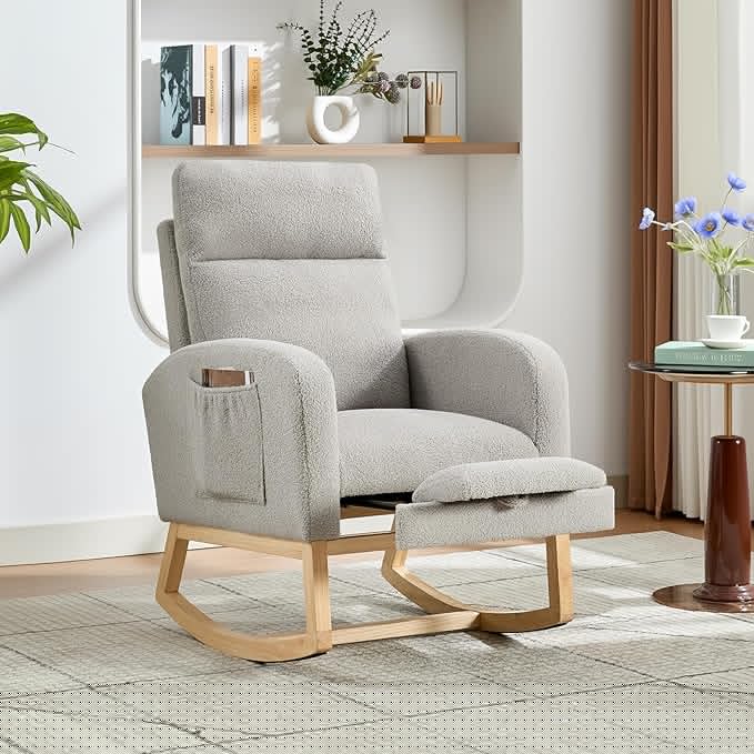 Rocking Chair Nursery, Nursing Rocking Chairs with Foot Rest for Mom Nursery, Rocker Glider Chair with High Backrest for Living Room,Bedroom, Upholstered Lounge Chair with Solid Wood Base for Relaxin